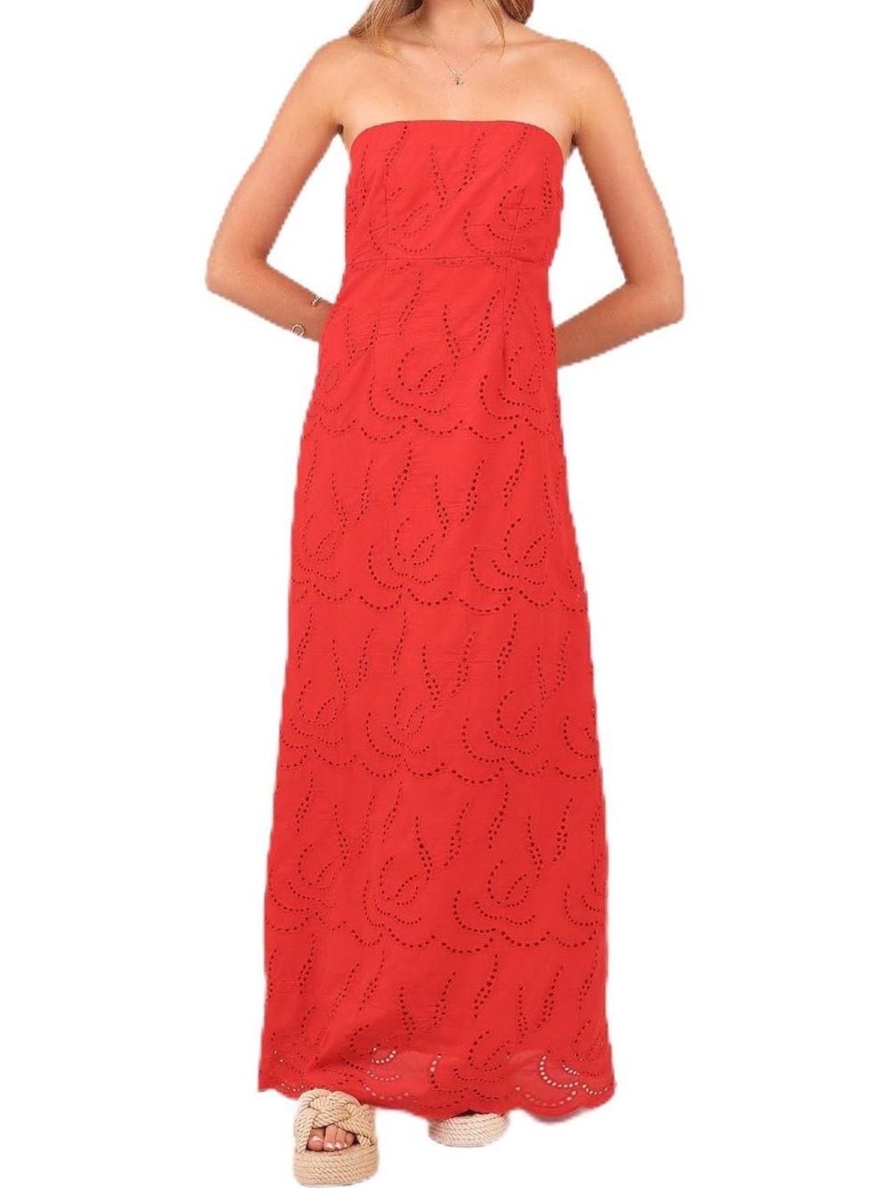 Petal & Pup Strapless Red Eyelet Maxi Dress